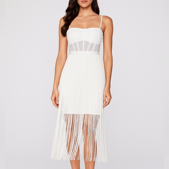 BCBGMaxAzria White Fringe Corset Midi Sheath Dress 14 Off-White Cocktail NWT - Picture 1 of 12